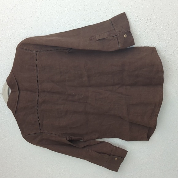 Eddie Bayer 100% Linen Botton Down V-Neck Top Brown Women's XS Lagenlook - Picture 13 of 14